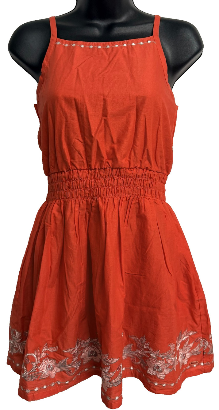 American Girl Dress Kids 14 Coral Red Floral Embroidery Smocked Bow Back Summer